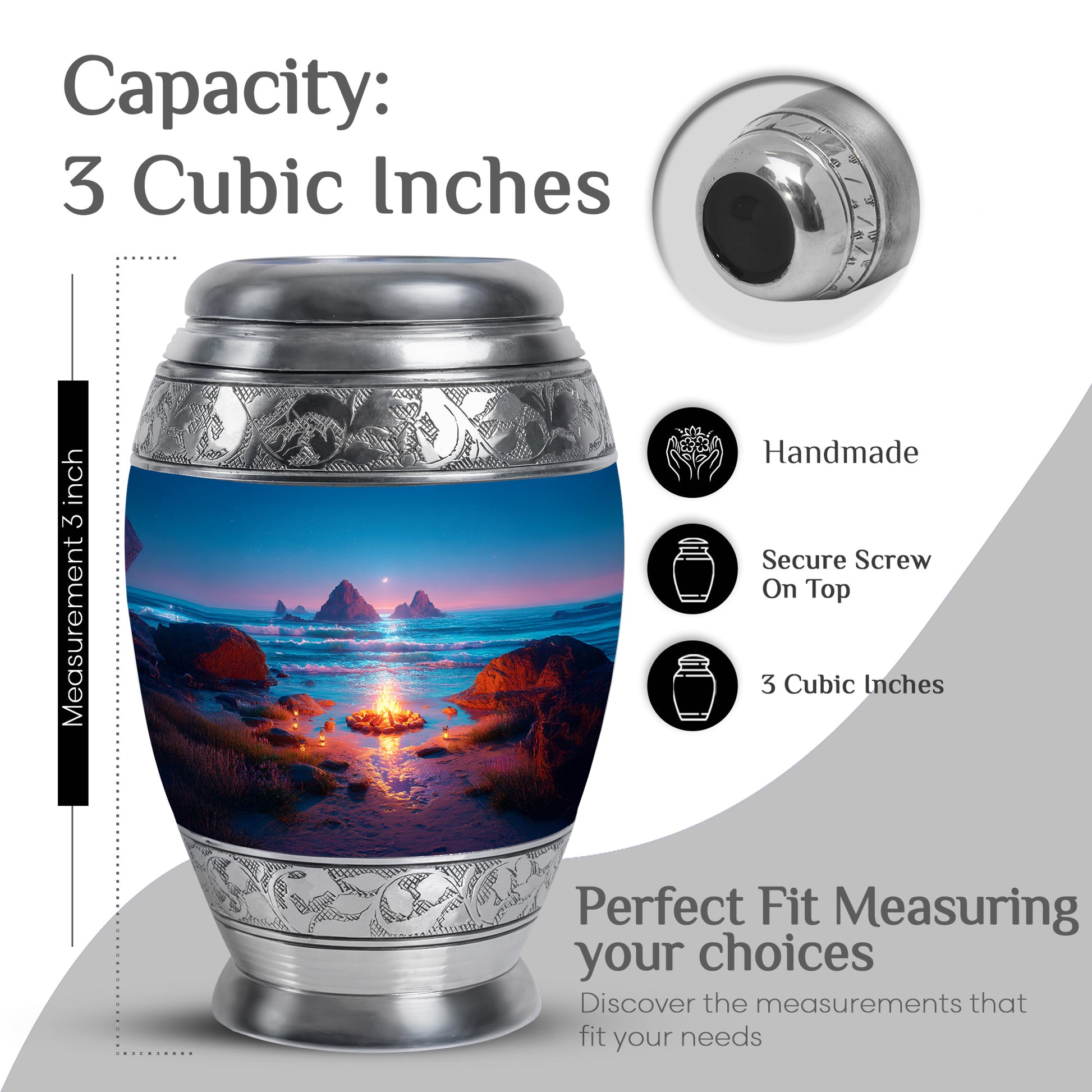 Indigo Campfire Cremation Urn lifestyle display on memorial shelf - regal campfire design with crown-inspired accents - mini keepsake memorial for portion of cremation ashes