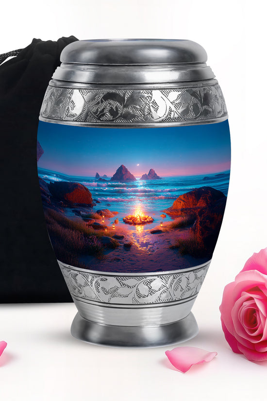 Sky Blue Campfire Cremation Urn back view with polished surface - regal campfire design with crown-inspired accents - full-size 10 inch 200 cubic inch adult cremation urn