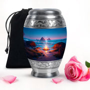 Sky Blue Campfire Cremation Urn back view with polished surface - regal campfire design with crown-inspired accents - full-size 10 inch 200 cubic inch adult cremation urn