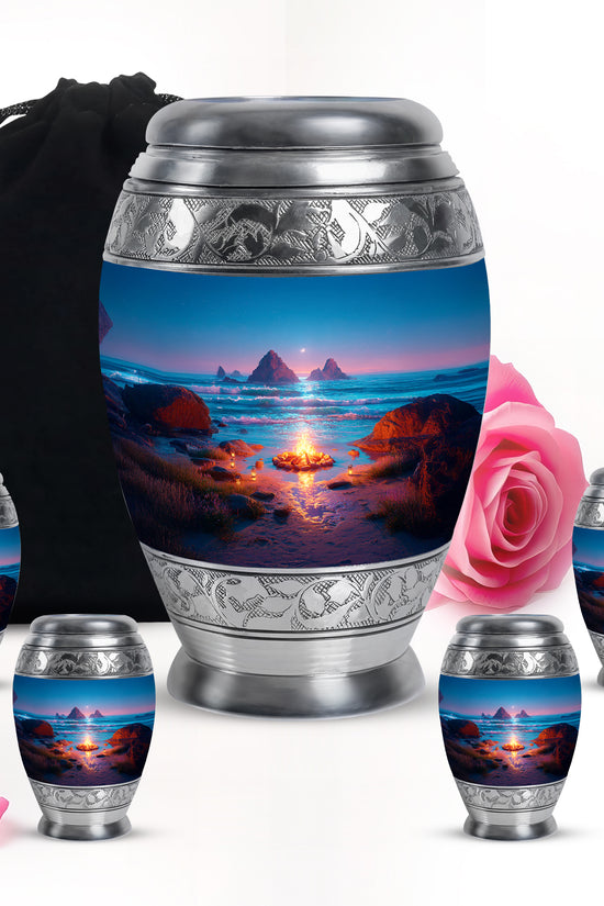 Celestial Blue Campfire Cremation Urn detail view - regal campfire design with crown-inspired accents - memorial set with one large and four small urns