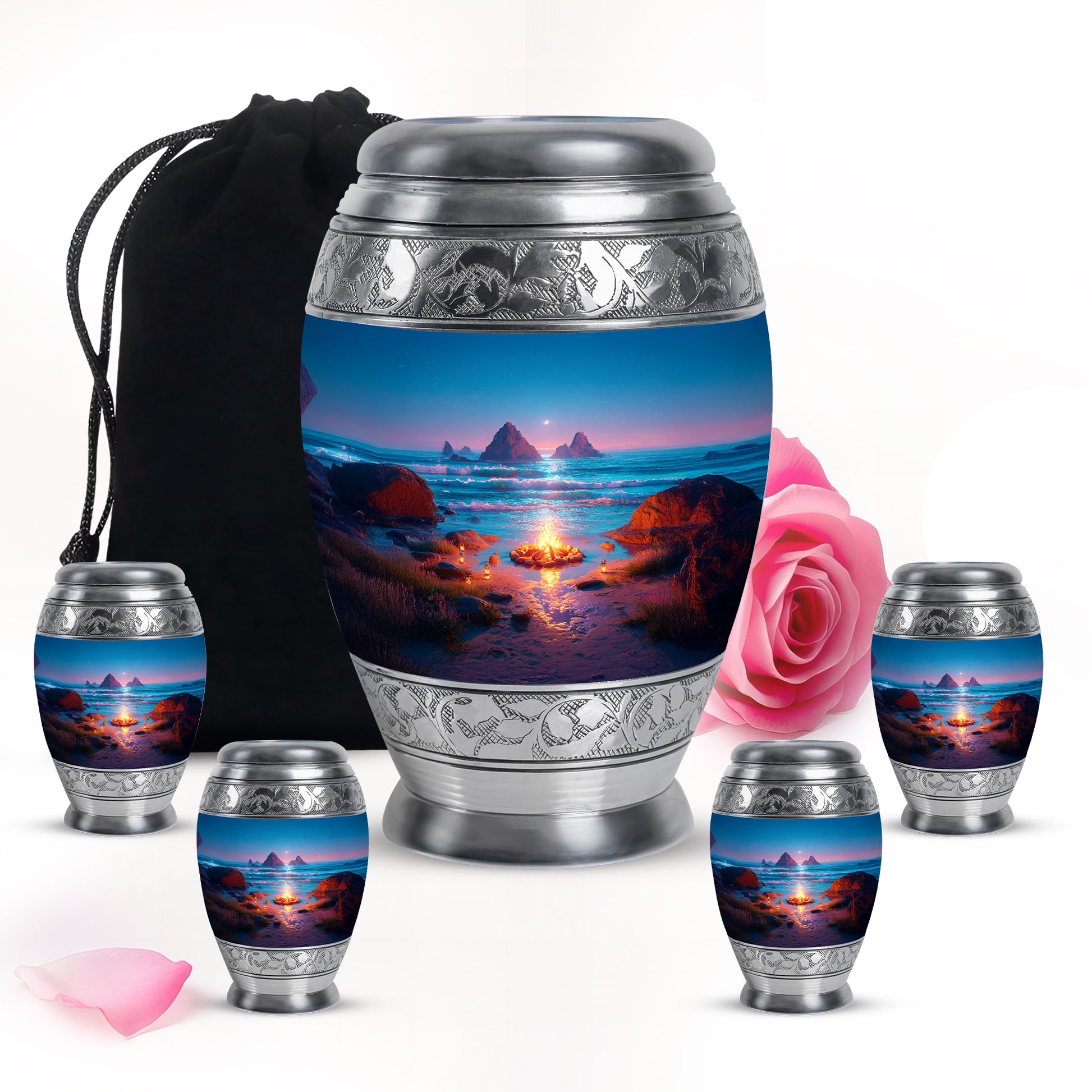 Celestial Blue Campfire Cremation Urn detail view - regal campfire design with crown-inspired accents - memorial set with one large and four small urns