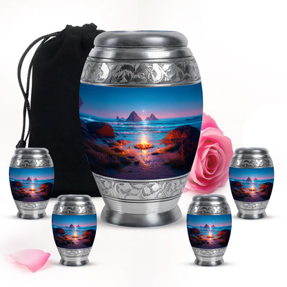 Celestial Blue Campfire Cremation Urn detail view - regal campfire design with crown-inspired accents - memorial set with one large and four small urns