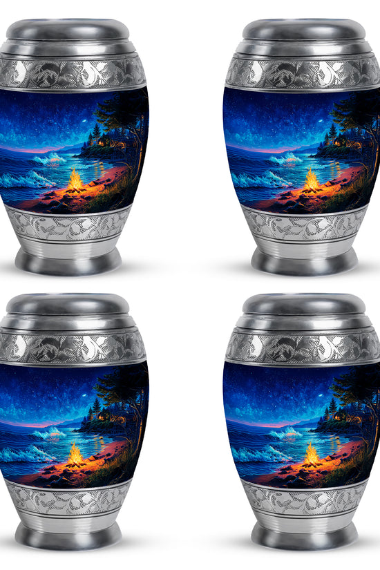 Vivid Blue Campfire Cremation Urn urn with complimentary velvet bag - royal campfire engraving with decorative scrollwork - 10 inch aluminum urn for cremated remains