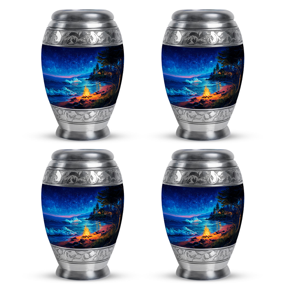 Vivid Blue Campfire Cremation Urn urn with complimentary velvet bag - royal campfire engraving with decorative scrollwork - 10 inch aluminum urn for cremated remains