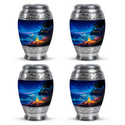 Vivid Blue Campfire Cremation Urn urn with complimentary velvet bag - royal campfire engraving with decorative scrollwork - 10 inch aluminum urn for cremated remains