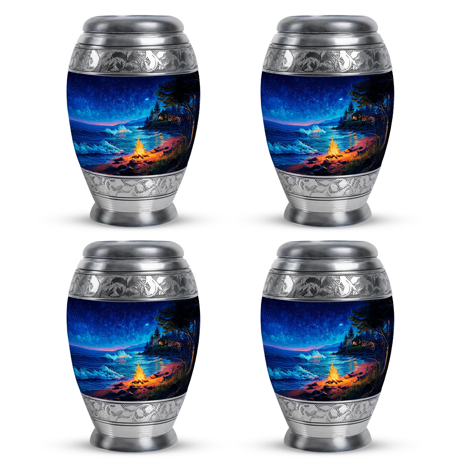 Vivid Blue Campfire Cremation Urn urn with complimentary velvet bag - royal campfire engraving with decorative scrollwork - 10 inch aluminum urn for cremated remains
