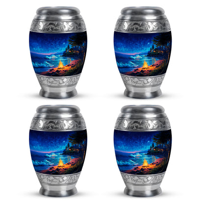 Vivid Blue Campfire Cremation Urn urn with complimentary velvet bag - royal campfire engraving with decorative scrollwork - 10 inch aluminum urn for cremated remains