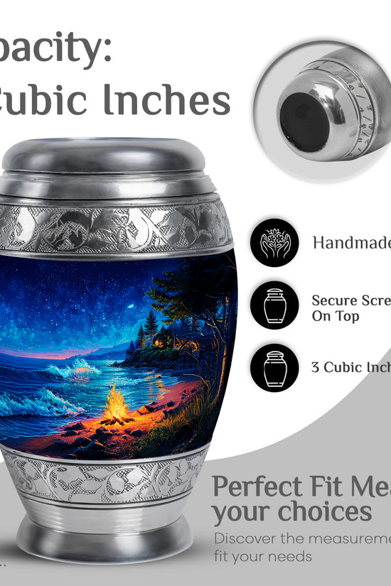 Misty Blue Campfire Cremation Urn lifestyle display on memorial shelf - regal campfire design with crown-inspired accents - mini keepsake memorial for portion of cremation ashes