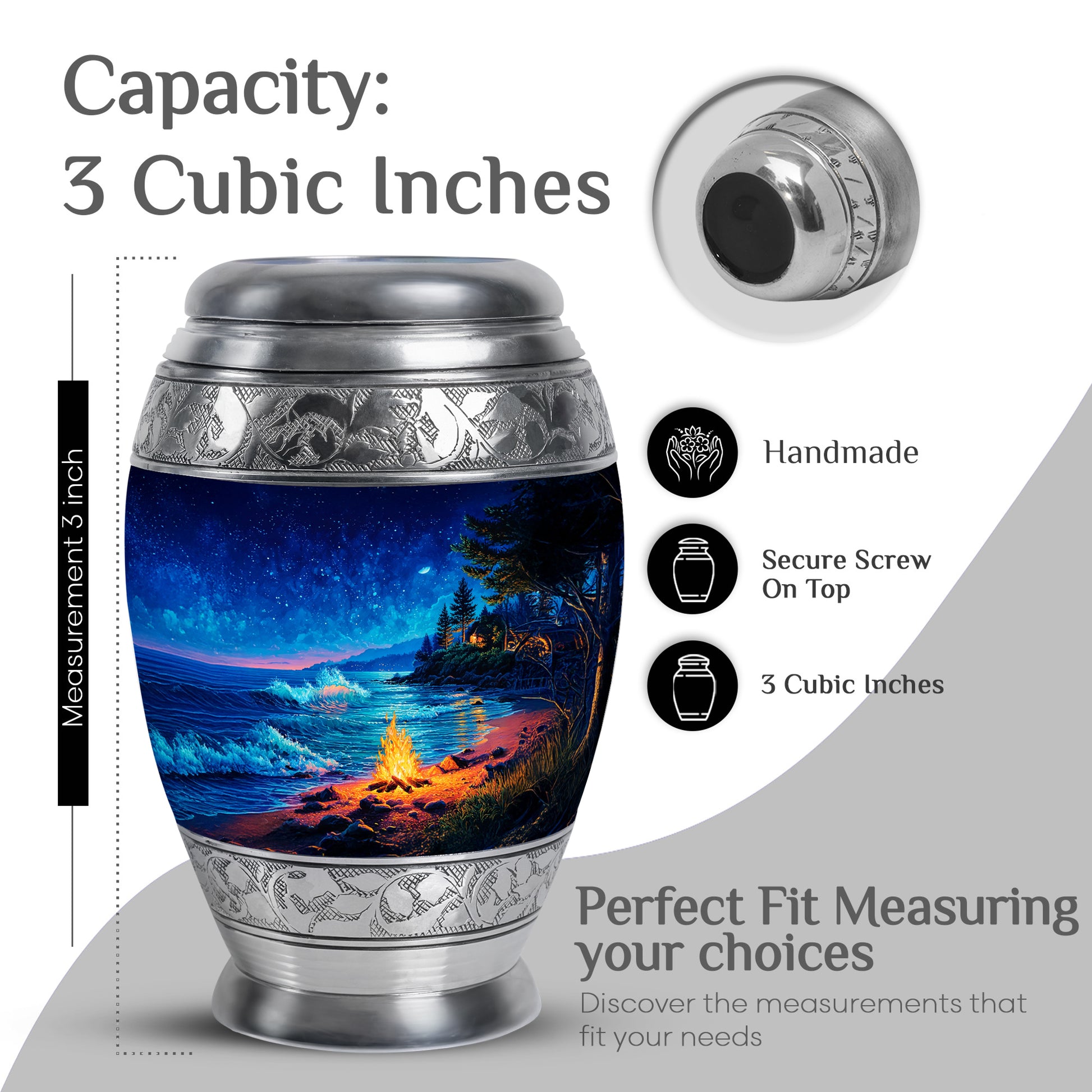 Misty Blue Campfire Cremation Urn lifestyle display on memorial shelf - regal campfire design with crown-inspired accents - mini keepsake memorial for portion of cremation ashes