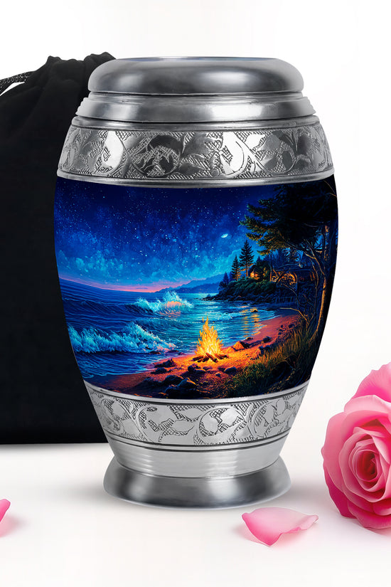 Cobalt Blue Campfire Cremation Urn back view with polished surface - royal campfire engraving with decorative scrollwork - full-size 10 inch 200 cubic inch adult cremation urn