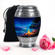 Cobalt Blue Campfire Cremation Urn back view with polished surface - royal campfire engraving with decorative scrollwork - full-size 10 inch 200 cubic inch adult cremation urn