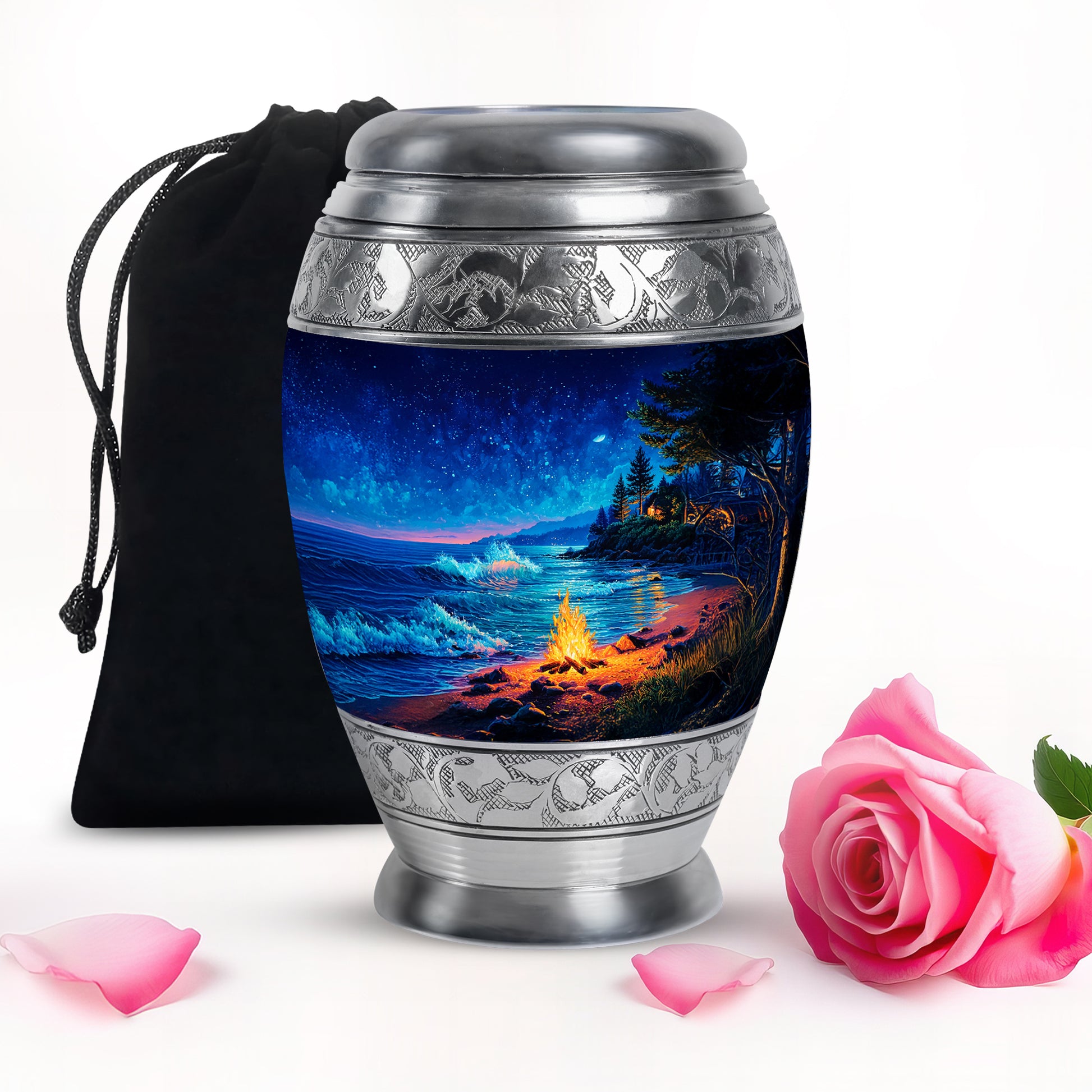 Cobalt Blue Campfire Cremation Urn back view with polished surface - royal campfire engraving with decorative scrollwork - full-size 10 inch 200 cubic inch adult cremation urn