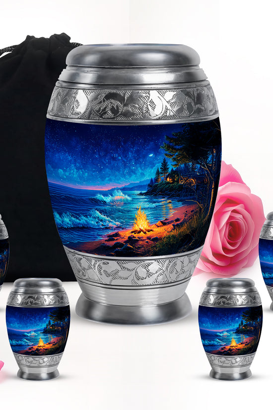 Steel Blue Campfire Cremation Urn detail view - royal campfire engraving with decorative scrollwork - memorial set with one large and four small urns