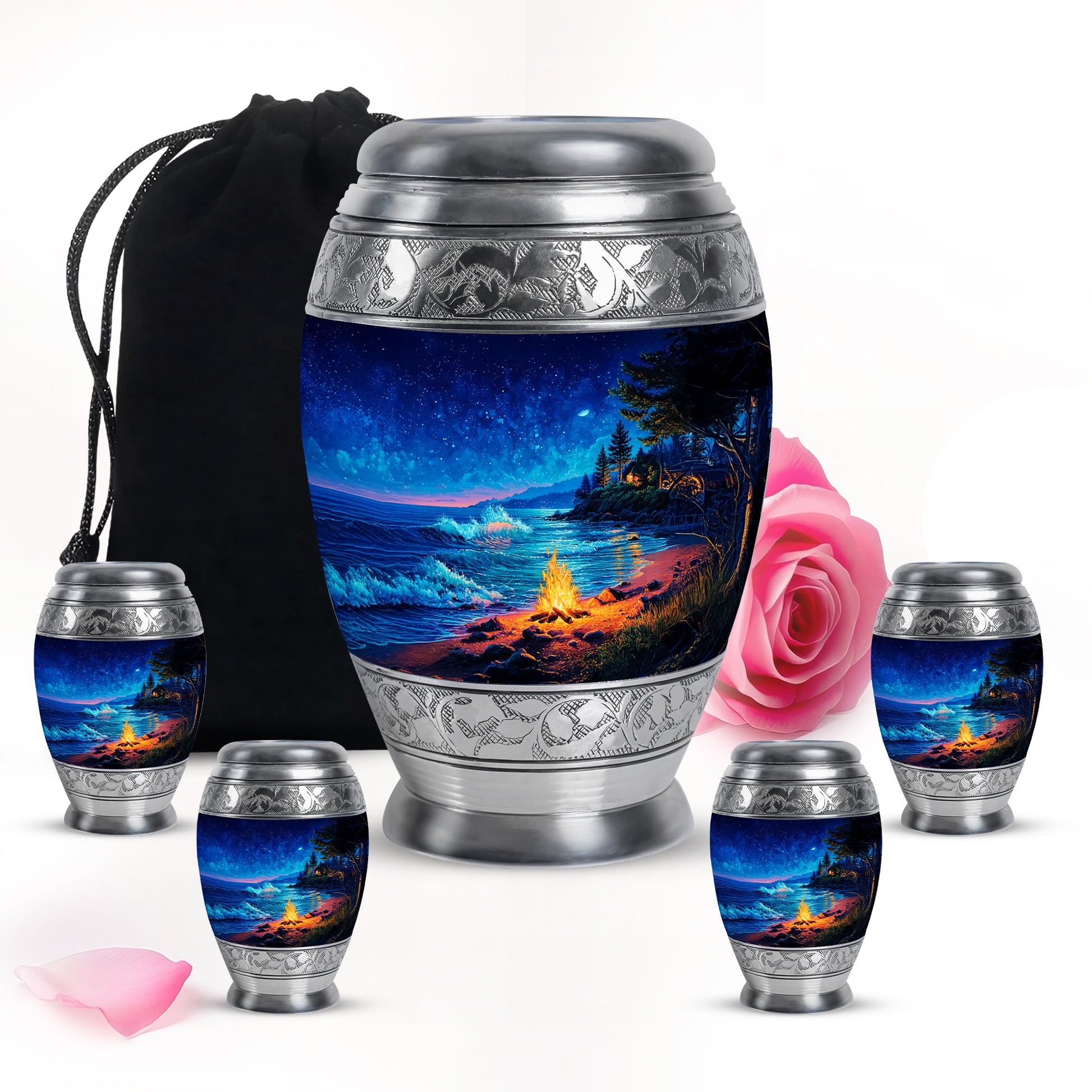 Steel Blue Campfire Cremation Urn detail view - royal campfire engraving with decorative scrollwork - memorial set with one large and four small urns