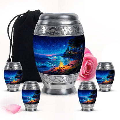 Steel Blue Campfire Cremation Urn detail view - royal campfire engraving with decorative scrollwork - memorial set with one large and four small urns