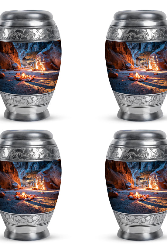 Vivid Blue Campfire Cremation Urn urn with complimentary velvet bag - royal campfire engraving with decorative scrollwork - 10 inch aluminum urn for cremated remains