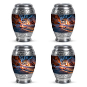 Vivid Blue Campfire Cremation Urn urn with complimentary velvet bag - royal campfire engraving with decorative scrollwork - 10 inch aluminum urn for cremated remains