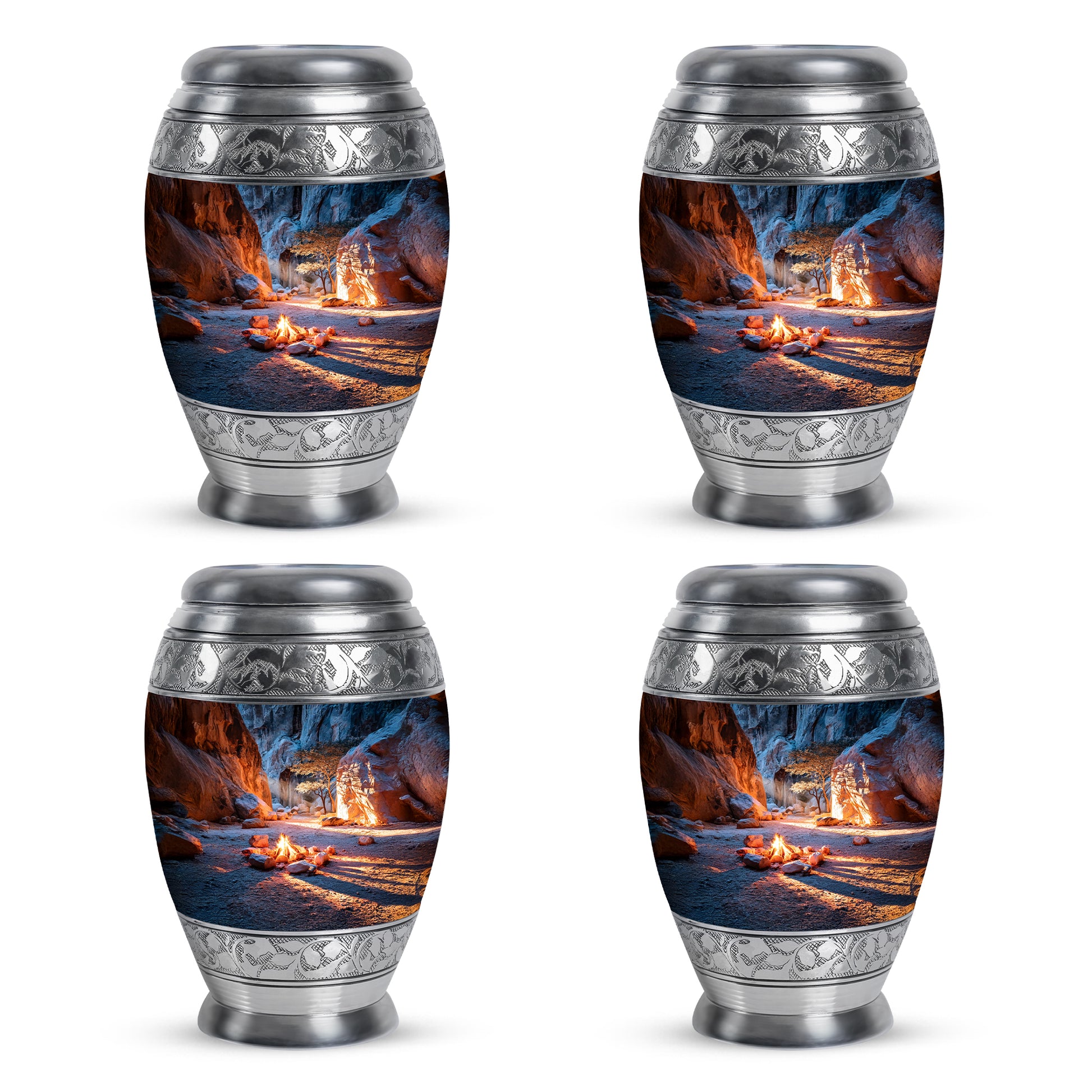 Vivid Blue Campfire Cremation Urn urn with complimentary velvet bag - royal campfire engraving with decorative scrollwork - 10 inch aluminum urn for cremated remains