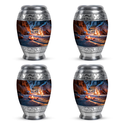 Vivid Blue Campfire Cremation Urn urn with complimentary velvet bag - royal campfire engraving with decorative scrollwork - 10 inch aluminum urn for cremated remains