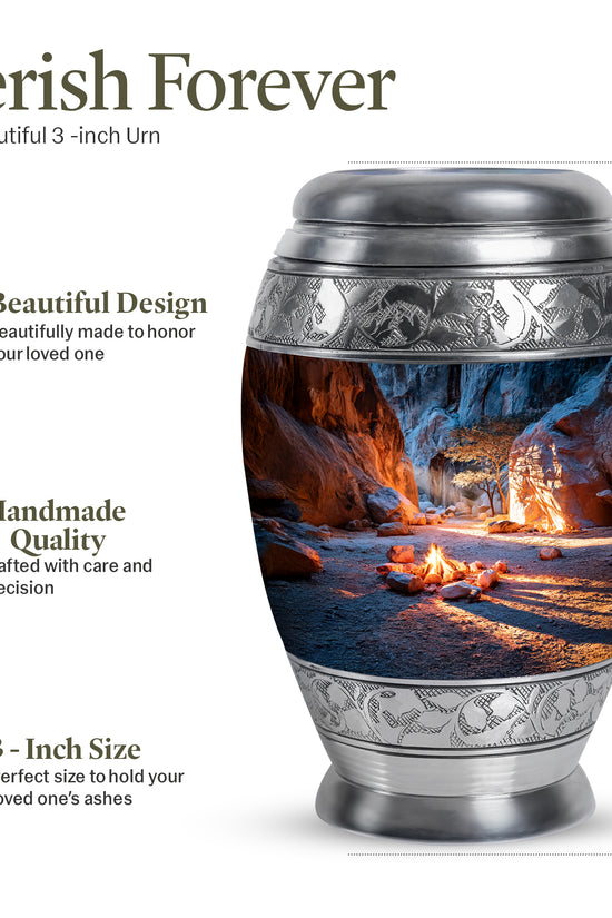 Cobalt Blue Campfire Cremation Urn lifestyle display on memorial shelf - majestic campfire pattern with filigree border - mini keepsake memorial for portion of cremation ashes