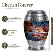 Cobalt Blue Campfire Cremation Urn lifestyle display on memorial shelf - majestic campfire pattern with filigree border - mini keepsake memorial for portion of cremation ashes