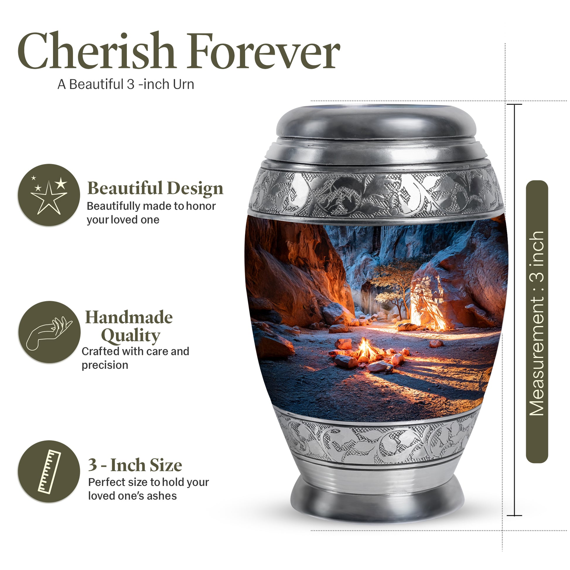 Cobalt Blue Campfire Cremation Urn lifestyle display on memorial shelf - majestic campfire pattern with filigree border - mini keepsake memorial for portion of cremation ashes
