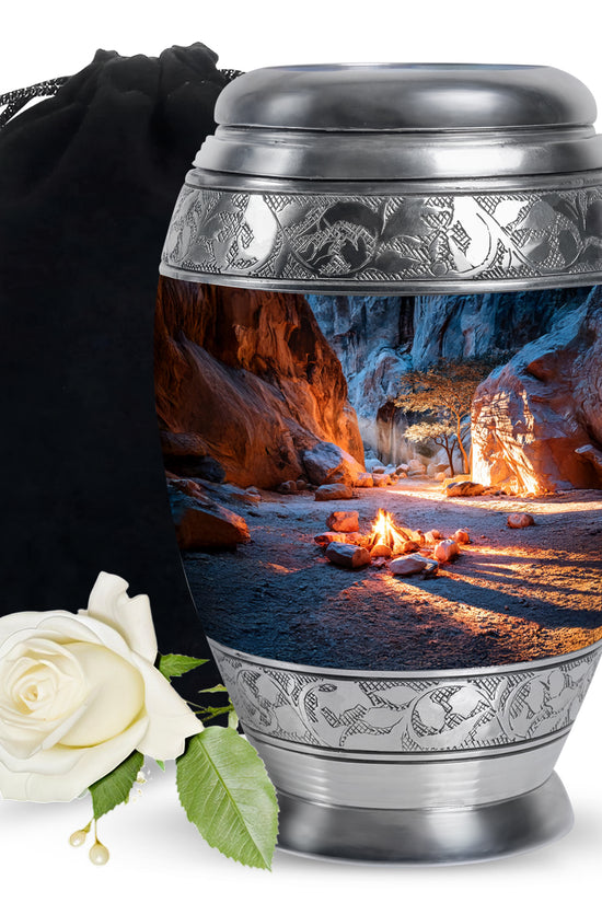 Bright Blue Campfire Cremation Urn back view with polished surface - royal campfire engraving with decorative scrollwork - full-size 10 inch 200 cubic inch adult cremation urn