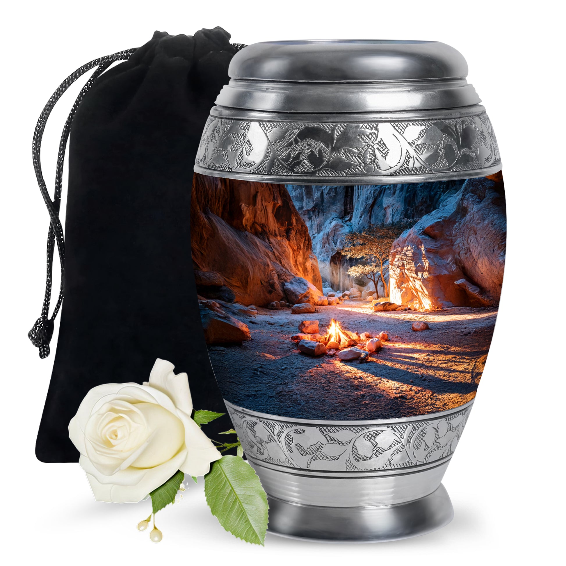Bright Blue Campfire Cremation Urn back view with polished surface - royal campfire engraving with decorative scrollwork - full-size 10 inch 200 cubic inch adult cremation urn