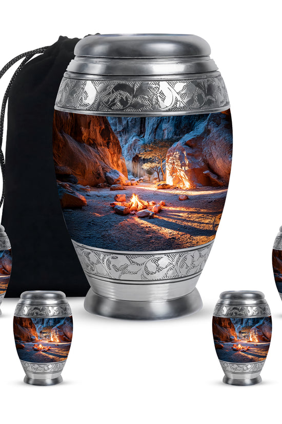 Bright Blue Campfire Cremation Urn detail view - majestic campfire pattern with filigree border - memorial set with one large and four small urns