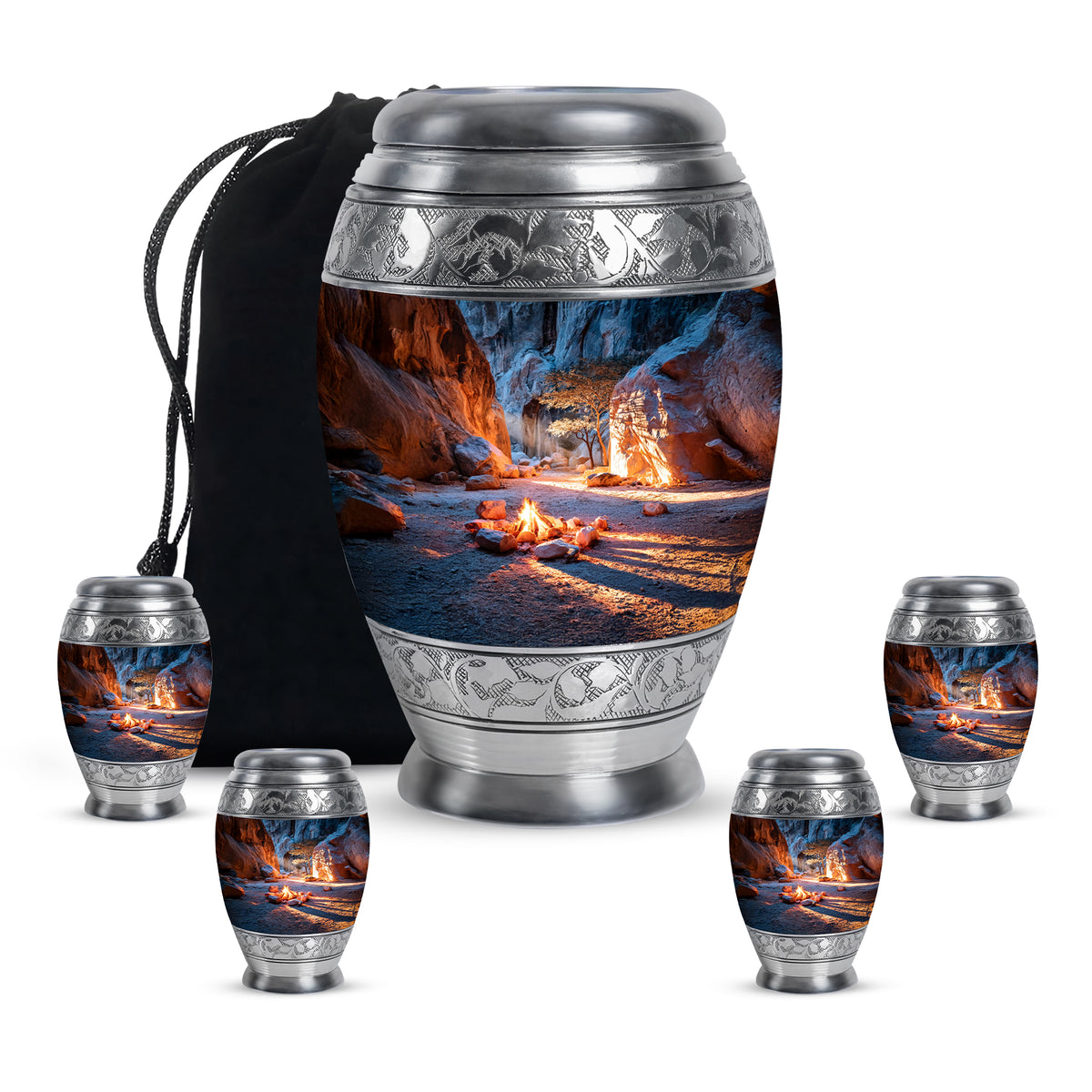 Bright Blue Campfire Cremation Urn detail view - majestic campfire pattern with filigree border - memorial set with one large and four small urns