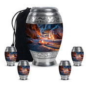 Bright Blue Campfire Cremation Urn detail view - majestic campfire pattern with filigree border - memorial set with one large and four small urns