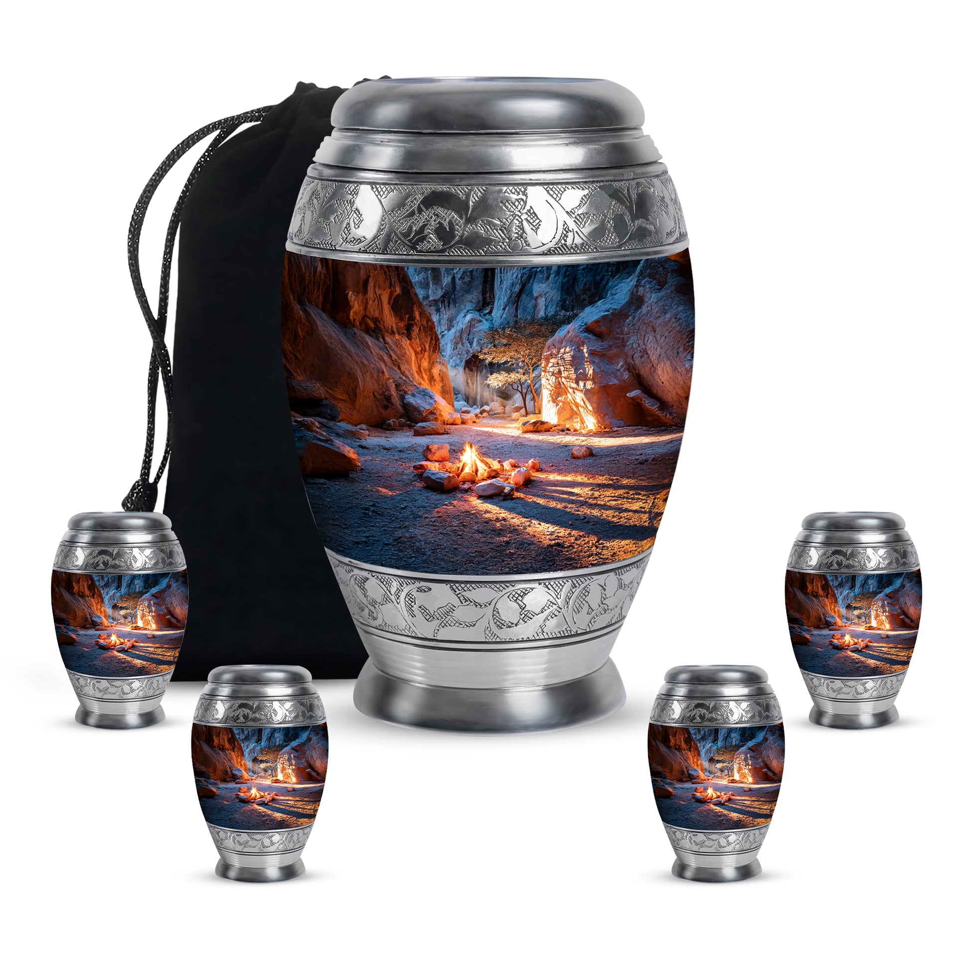 Bright Blue Campfire Cremation Urn detail view - majestic campfire pattern with filigree border - memorial set with one large and four small urns