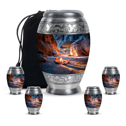 Bright Blue Campfire Cremation Urn detail view - majestic campfire pattern with filigree border - memorial set with one large and four small urns