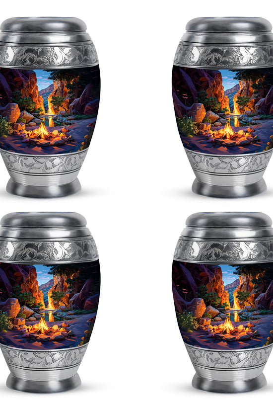 Serene Blue Campfire Cremation Urn urn with complimentary velvet bag - majestic campfire pattern with filigree border - 10 inch aluminum urn for cremated remains