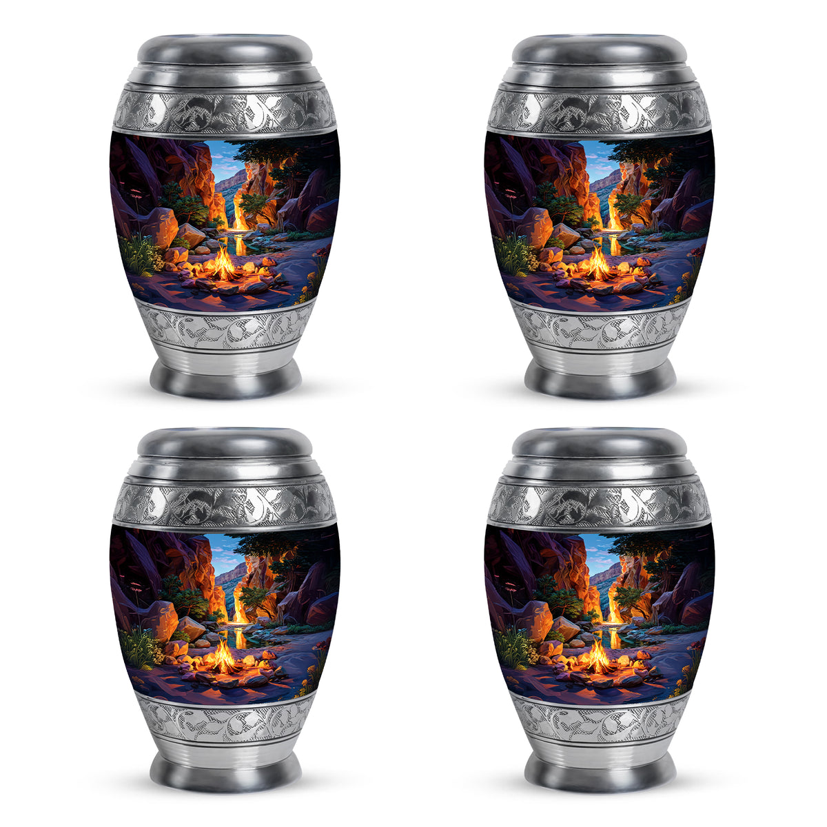 Serene Blue Campfire Cremation Urn urn with complimentary velvet bag - majestic campfire pattern with filigree border - 10 inch aluminum urn for cremated remains