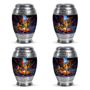 Serene Blue Campfire Cremation Urn urn with complimentary velvet bag - majestic campfire pattern with filigree border - 10 inch aluminum urn for cremated remains