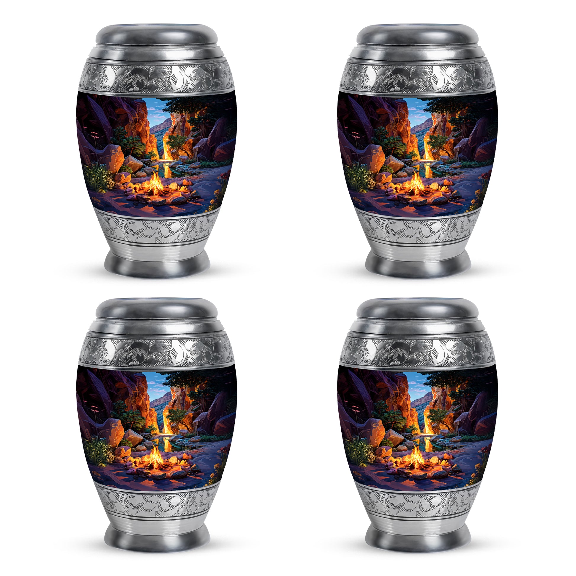 Serene Blue Campfire Cremation Urn urn with complimentary velvet bag - majestic campfire pattern with filigree border - 10 inch aluminum urn for cremated remains
