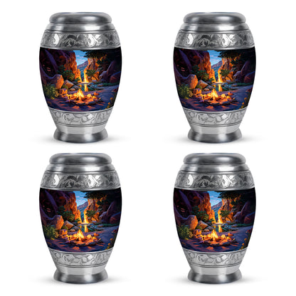 Serene Blue Campfire Cremation Urn urn with complimentary velvet bag - majestic campfire pattern with filigree border - 10 inch aluminum urn for cremated remains