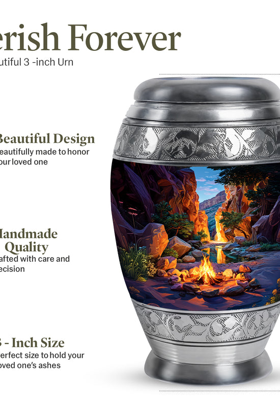 Navy Blue Campfire Cremation Urn lifestyle display on memorial shelf - ornate monarch-style campfire relief on brushed aluminum - mini keepsake memorial for portion of cremation ashes
