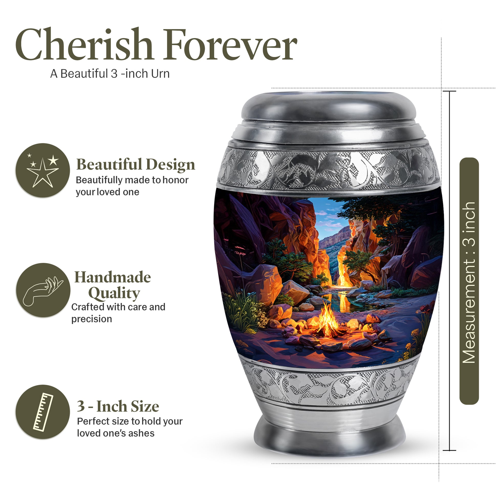 Navy Blue Campfire Cremation Urn lifestyle display on memorial shelf - ornate monarch-style campfire relief on brushed aluminum - mini keepsake memorial for portion of cremation ashes