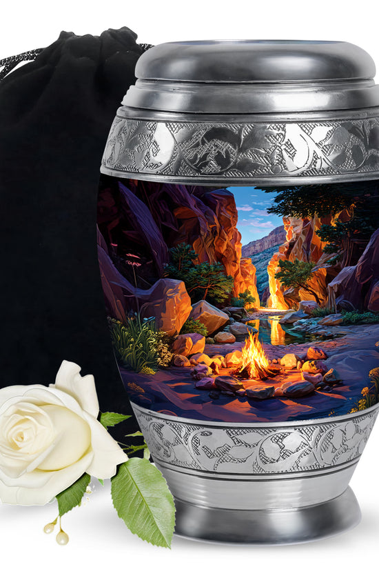 Sapphire Blue Campfire Cremation Urn back view with polished surface - majestic campfire pattern with filigree border - full-size 10 inch 200 cubic inch adult cremation urn