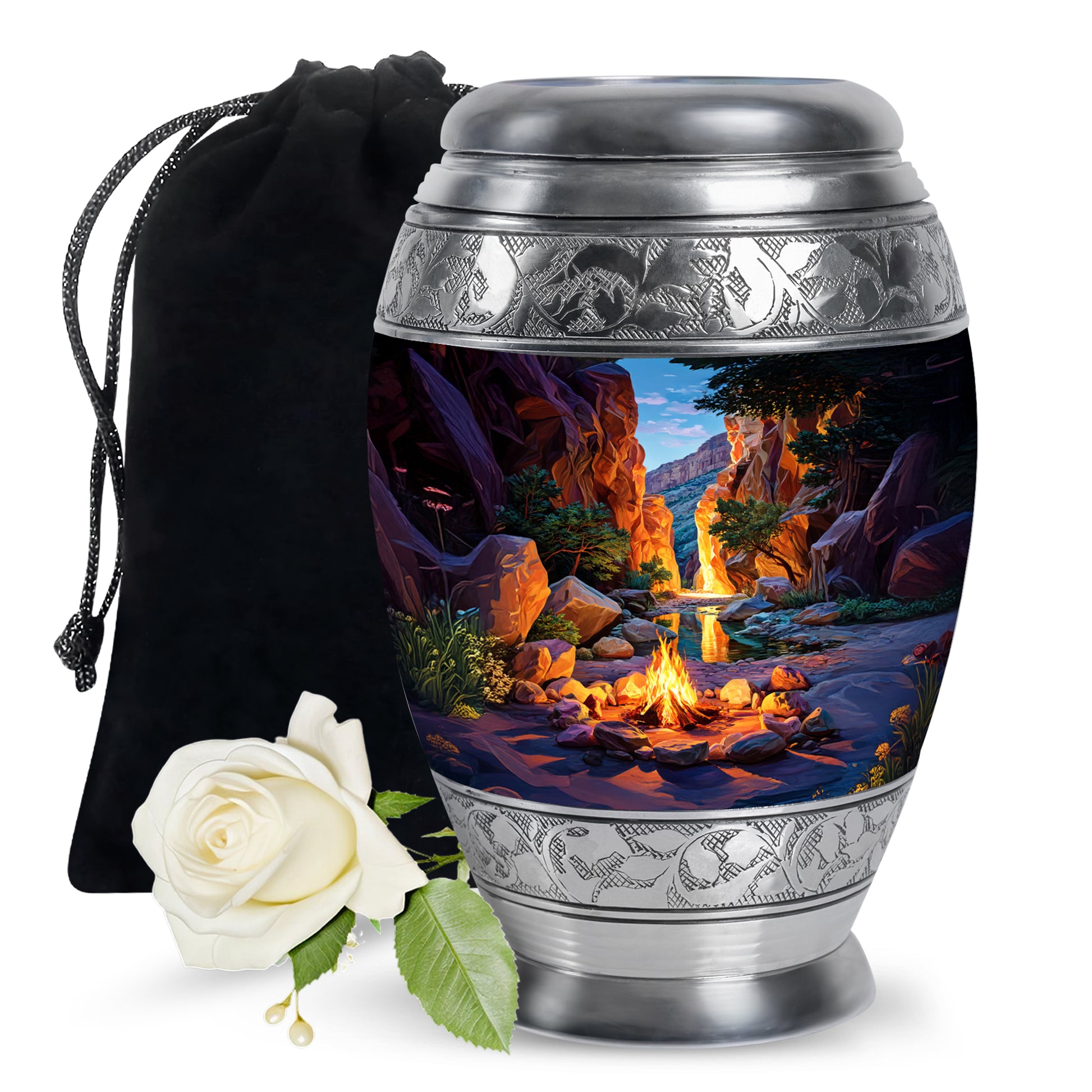 Sapphire Blue Campfire Cremation Urn back view with polished surface - majestic campfire pattern with filigree border - full-size 10 inch 200 cubic inch adult cremation urn