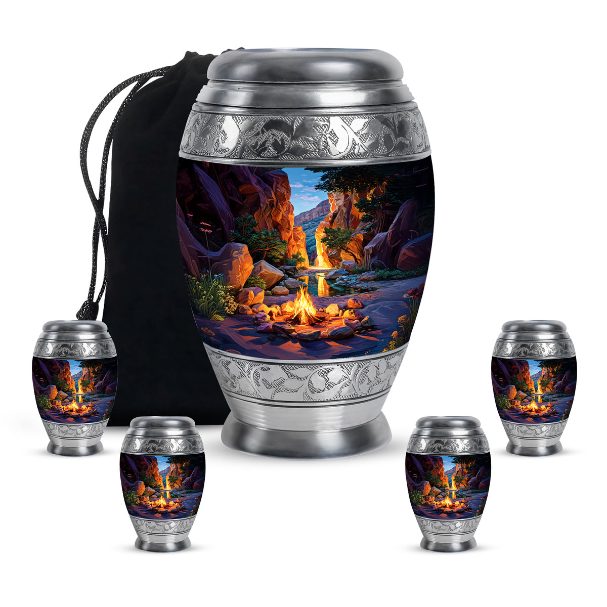 Indigo Campfire Cremation Urn detail view - ornate monarch-style campfire relief on brushed aluminum - memorial set with one large and four small urns