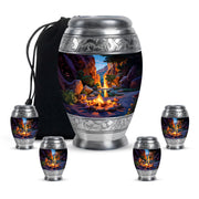 Indigo Campfire Cremation Urn detail view - ornate monarch-style campfire relief on brushed aluminum - memorial set with one large and four small urns