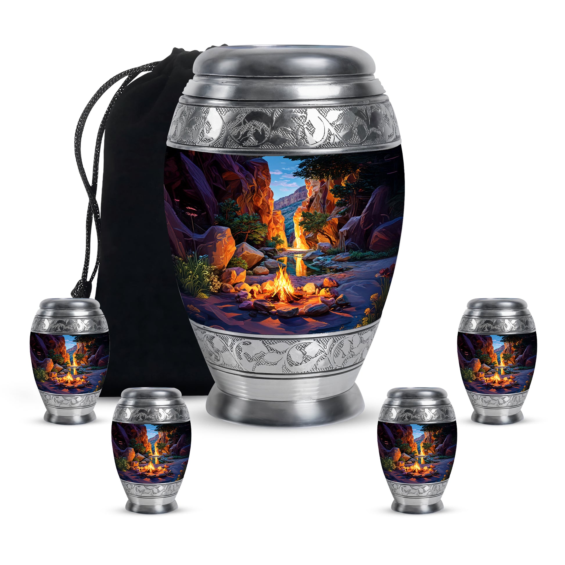 Indigo Campfire Cremation Urn detail view - ornate monarch-style campfire relief on brushed aluminum - memorial set with one large and four small urns