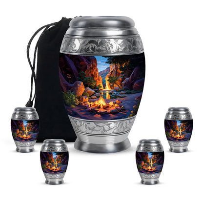 Indigo Campfire Cremation Urn detail view - ornate monarch-style campfire relief on brushed aluminum - memorial set with one large and four small urns