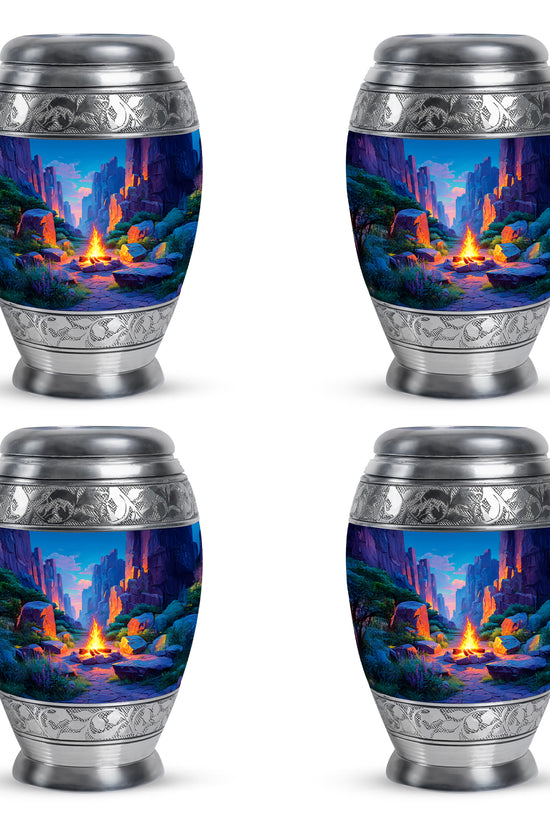Indigo Campfire Cremation Urn urn with complimentary velvet bag - regal campfire design with crown-inspired accents - 10 inch aluminum urn for cremated remains