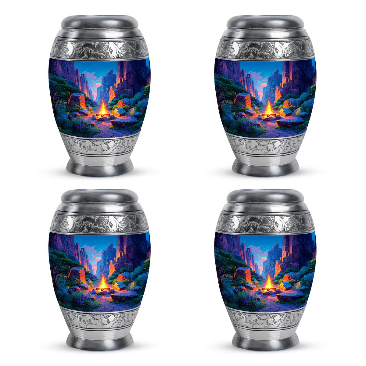 Indigo Campfire Cremation Urn urn with complimentary velvet bag - regal campfire design with crown-inspired accents - 10 inch aluminum urn for cremated remains