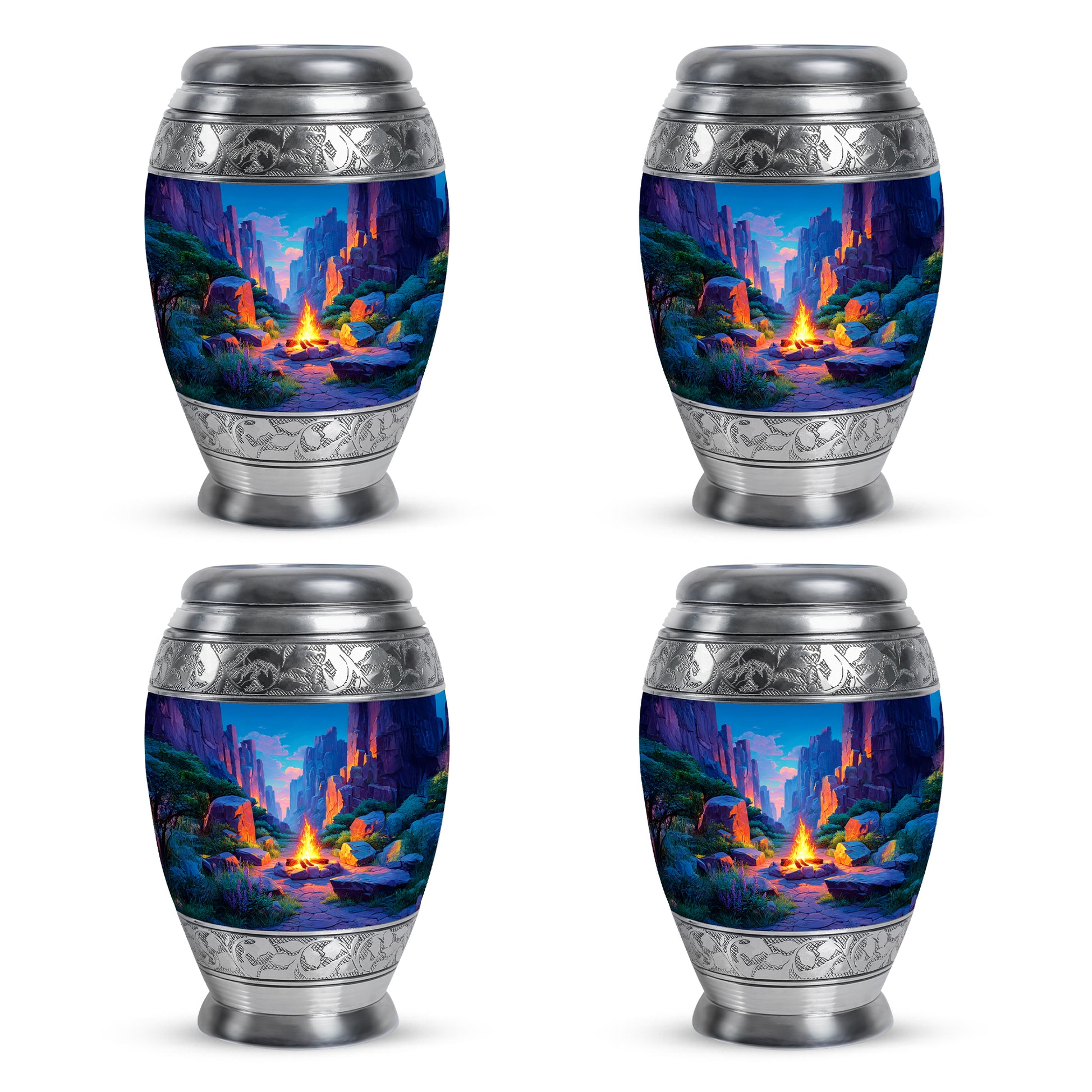 Indigo Campfire Cremation Urn urn with complimentary velvet bag - regal campfire design with crown-inspired accents - 10 inch aluminum urn for cremated remains