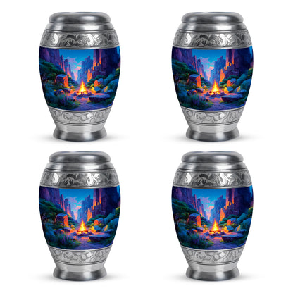 Indigo Campfire Cremation Urn urn with complimentary velvet bag - regal campfire design with crown-inspired accents - 10 inch aluminum urn for cremated remains